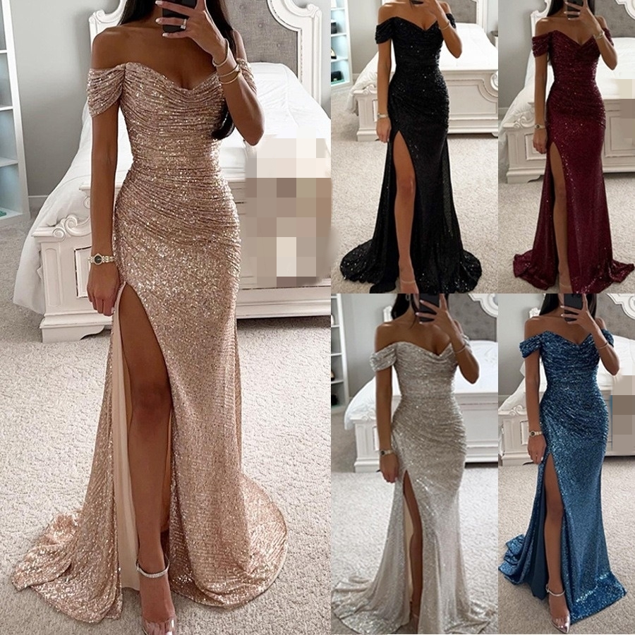 Dropshipping Elegant Women's Sequined Slit Neck Ball Gown Dress Long Maxi Formal Evening Prom Wedding Dresses