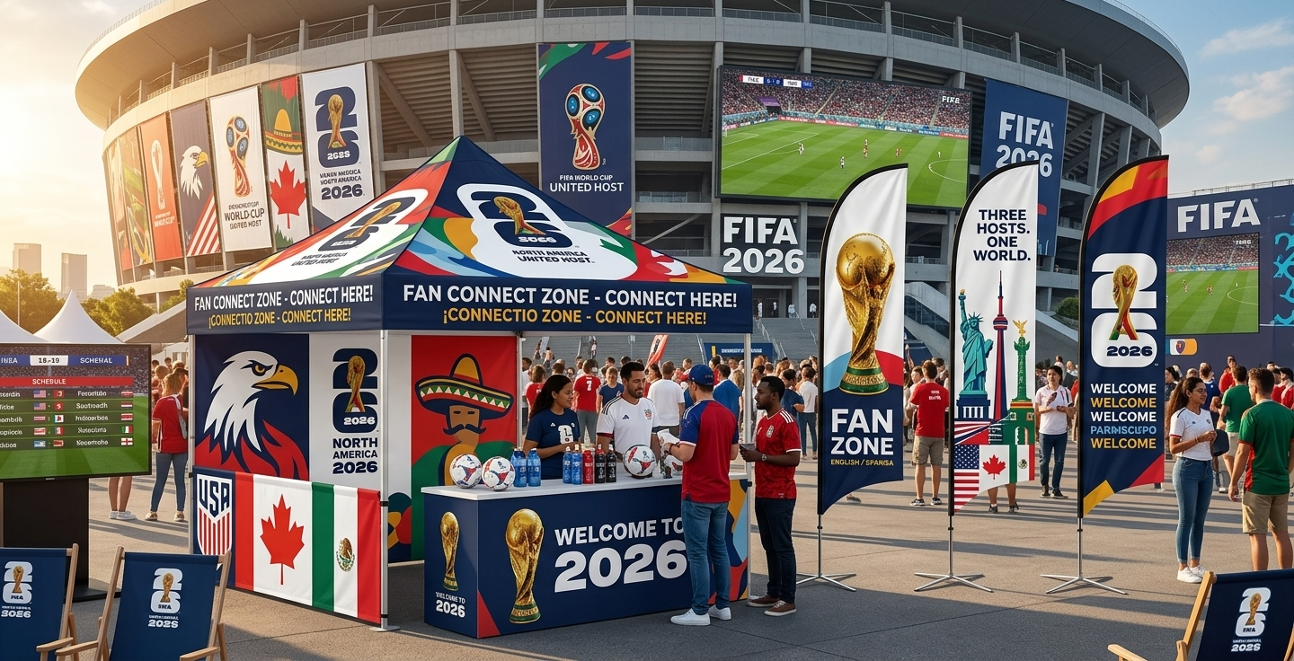 Préparez-vous pour la Coupe du monde 2026 : Attirez un flux massif de visiteurs avec des tentes personnalisées, des drapeaux et des panneaux arrière !