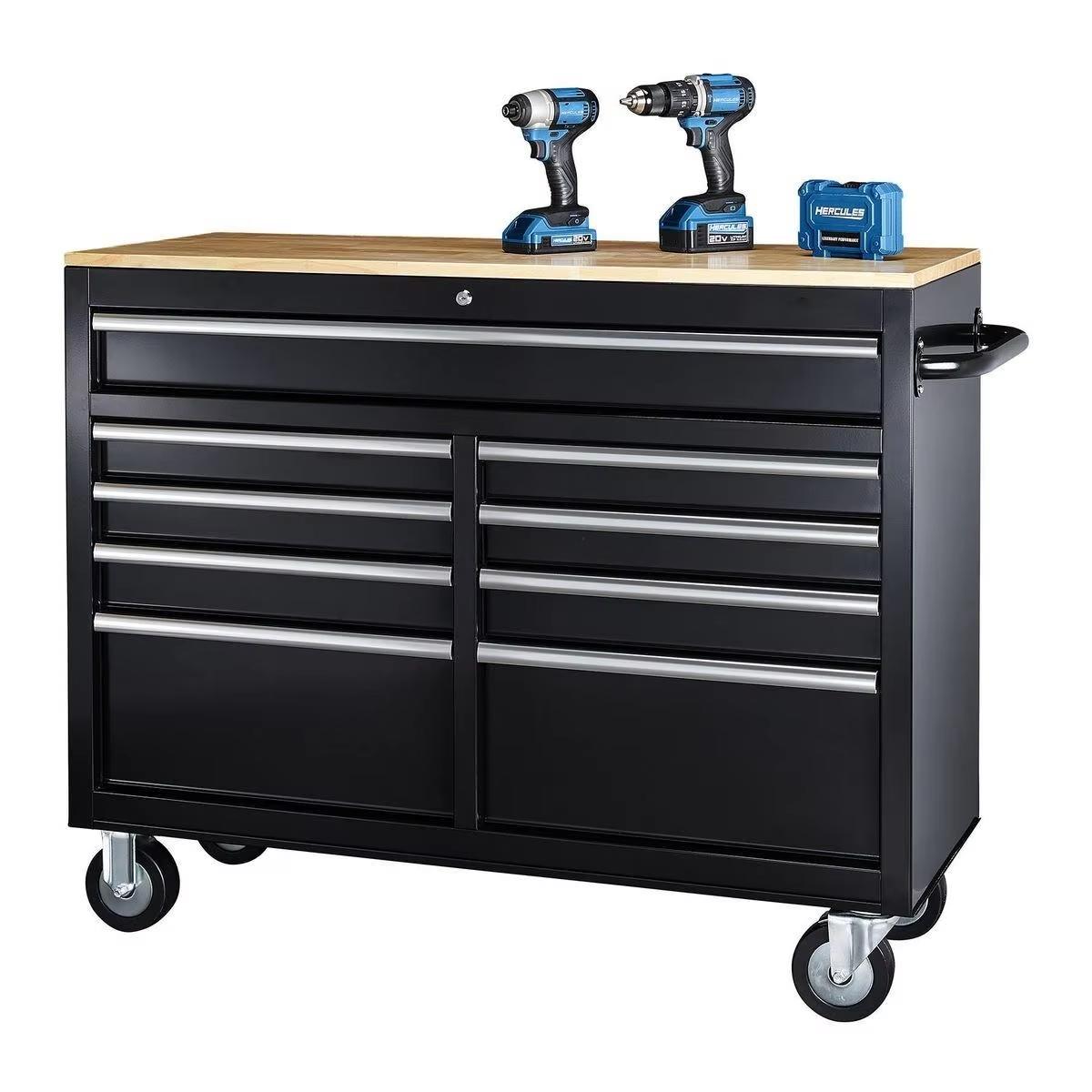 Heavy Duty 46 In. 9-Drawer Trolley Cabinets ,garage Workbench with Solid Wood Top,rolling Tool Box manufacture