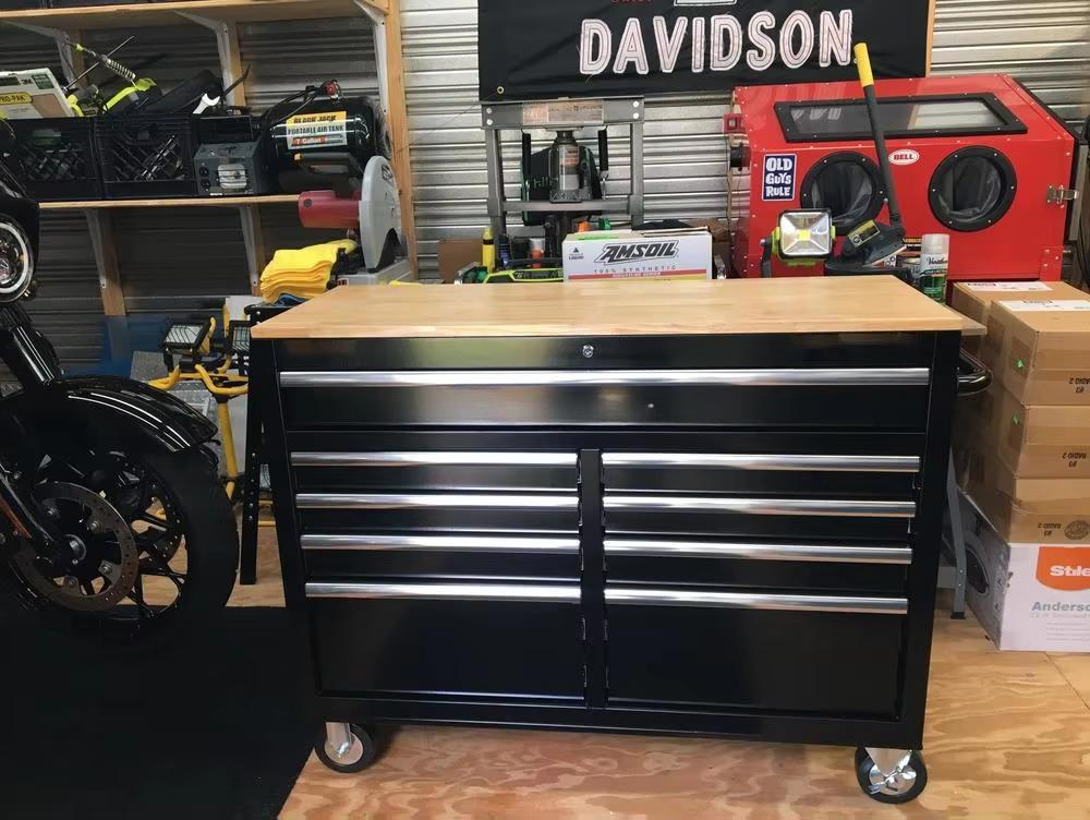 46 In. 9 Drawer Workshop Solid Wood Top Mobile Rolling Garage Storage Tool Cabinet factory
