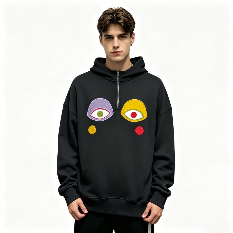 Half Zipper Opening Hoodie Black Casual Sweatshirt Men Customised Graphic for Autumn Winter clothing Heavyweight Fabric