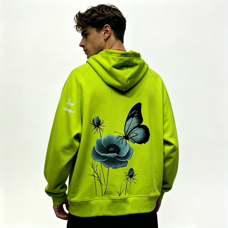 Neon Green Butterfly & Floral Embroidered Oversized Hoodie for Men Casual Long Sleeve Pullover Sweatshirt with Unique Embroidery