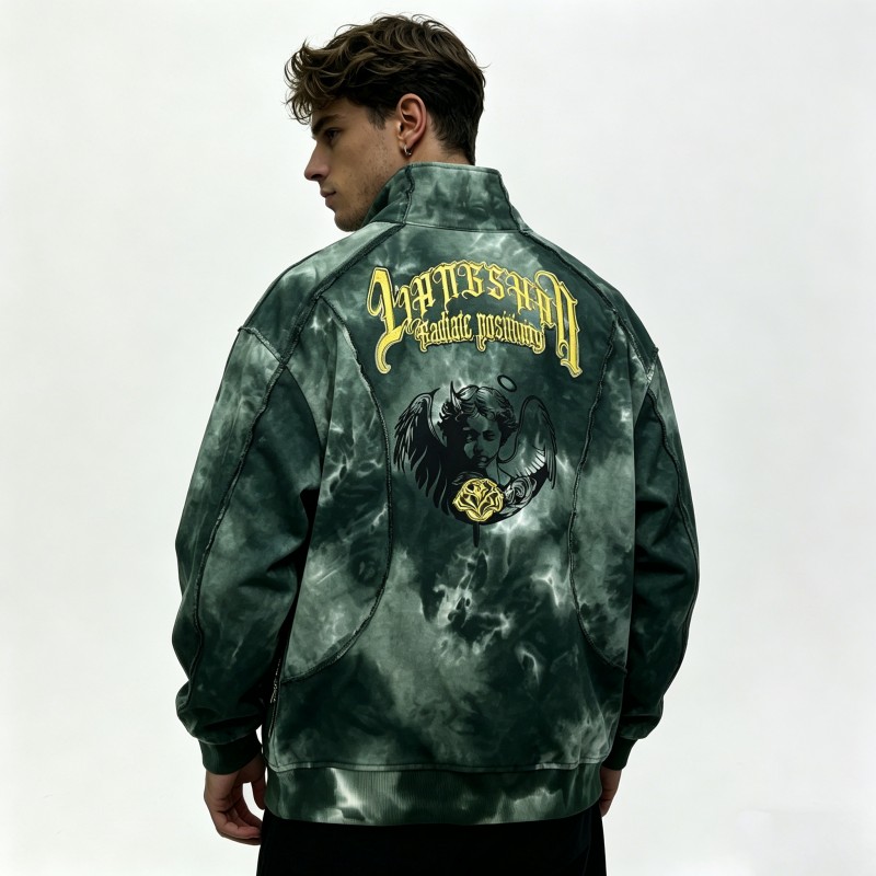 Vintage Washed Demon and Angel Oversized Fit Cotton and Polyester Trendy Gothic Embroidered Zip-Up Streetwear Bomber Jacket