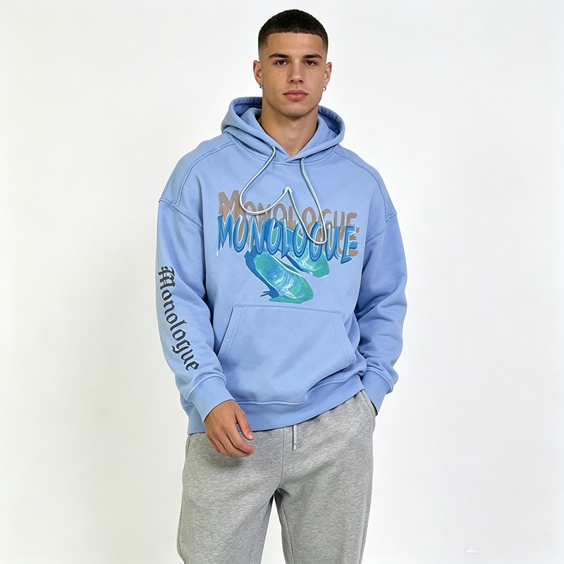 Men's Skyblue 100% Cotton Boxy Hoodie Custom Logo Print Kangaroo Pocket Raw Edge Sweatshirt for Man