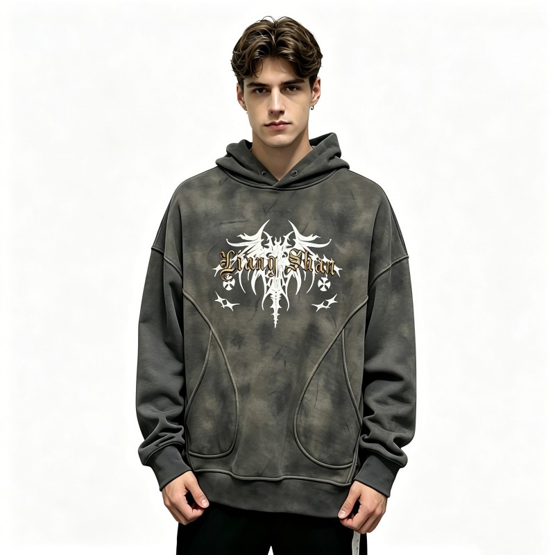 Washed Black-Grey Gothic Dragon Print Oversized Hoodie for Men Vintage Streetwear Pullover Sweatshirt with Unique Graphic Design