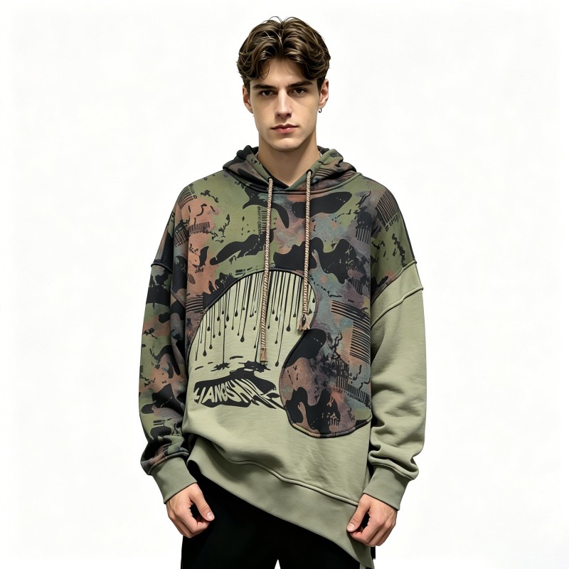 Men's Oversized Camo Hoodie, Streetwear Graffiti Print Pullover, Casual Loose Fit Irregular Hem Hooded Sweatshirt