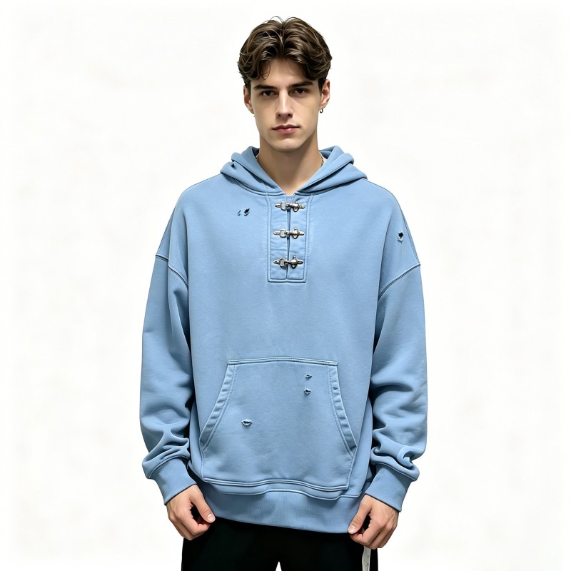 Hole Destroyed Design Hoodies 100% Cotton Skyblue  Custom Casual Breathable Anti-Pilling Regular Fit Men's clothing Sweatshirt