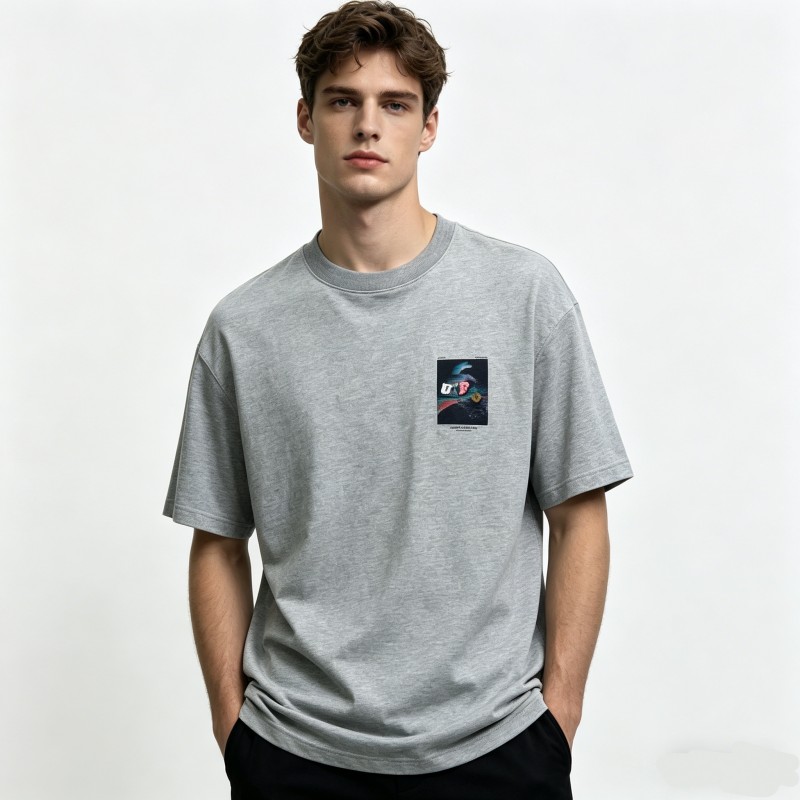 Men's Oversized Heather Grey T-Shirt with Abstract Art Graphic Print Casual Crew Neck Short Sleeve Tee Loose Fit Soft Cotton