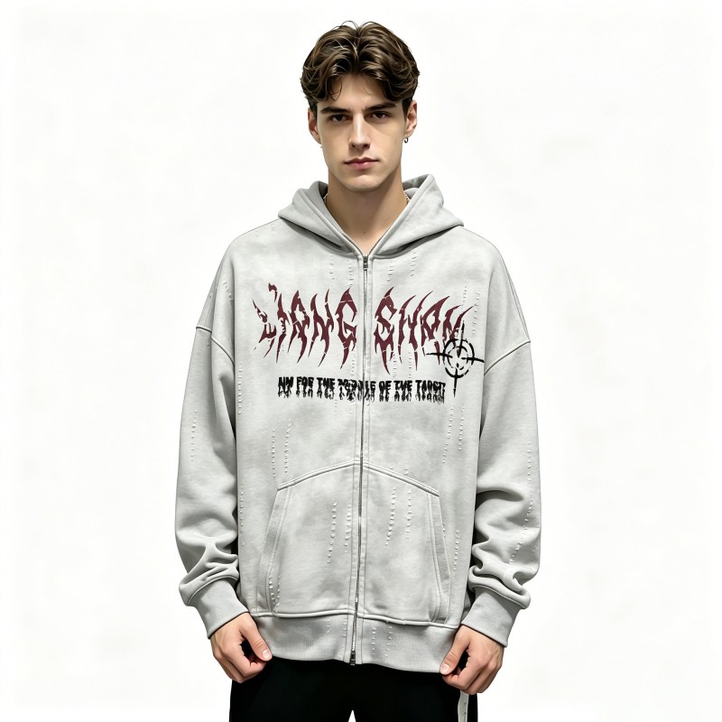 Grey Distressed Gothic Letter Print Zip-Up Hoodie for Men, Y2K Grunge Streetwear Oversized Sweatshirt with Vintage Washed Effect