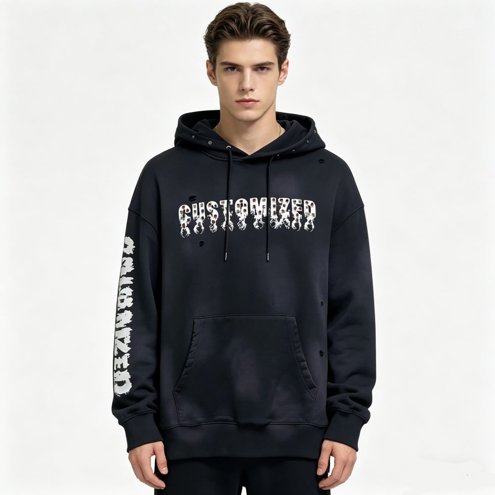 Oversized Dtg Print Heavey Cotton Washed Distressed Hoodies Men