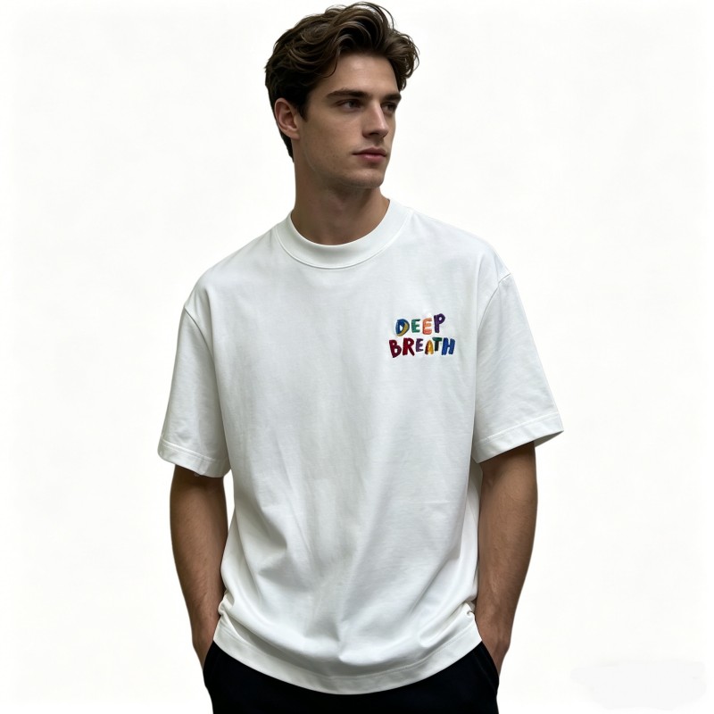 Men's White Oversized T-Shirt, Hand-Painted Style "DEEP BREATH" Colorful Letter Print Streetwear Tee