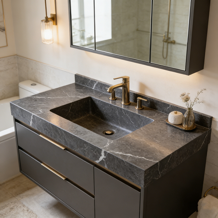 Quartz Calacatta Bathroom installed in spa bathroom vanity — completed project reference