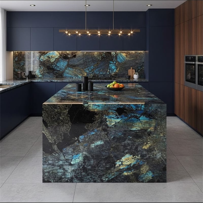 Lemurian Labradorite Blue Granite applied as kitchen island countertop