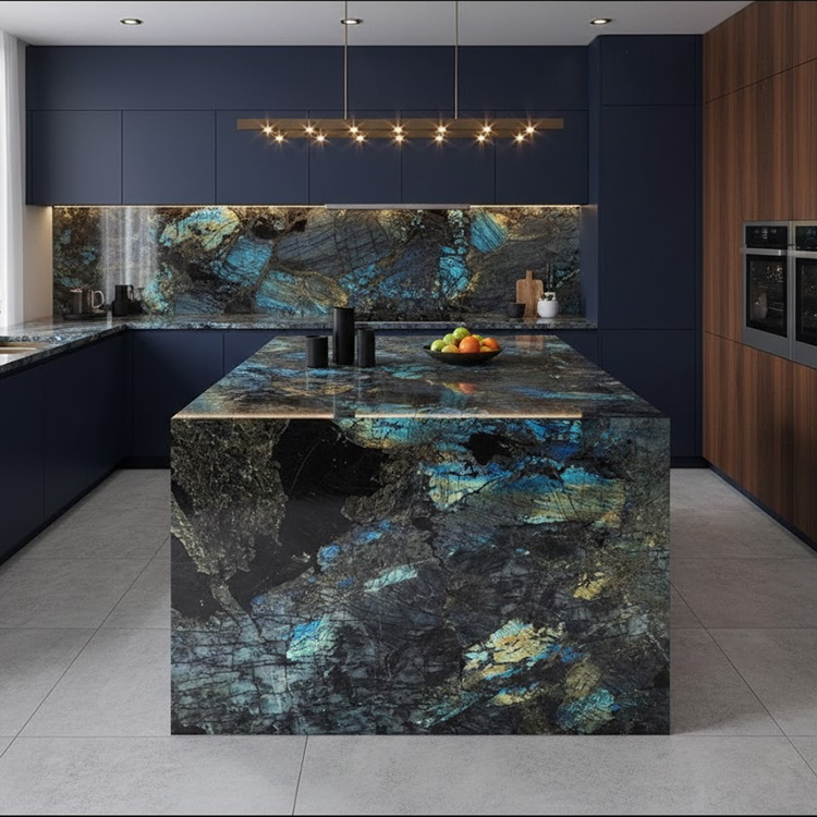 Lemurian Labradorite Blue Granite — full slab front view from premium block