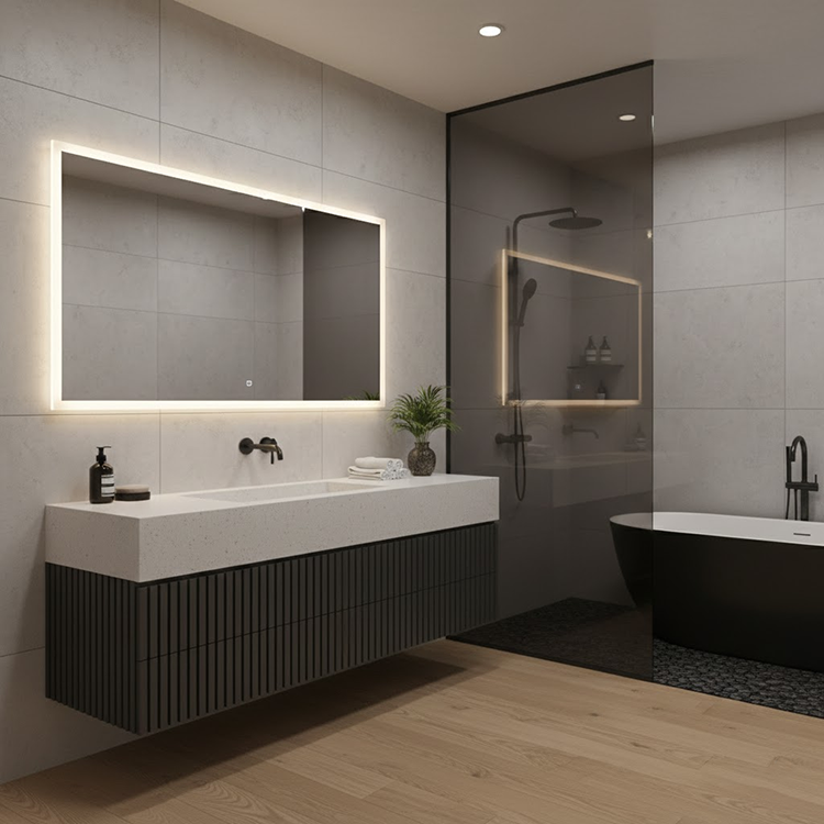 Quartz White Kitchen Vanity installed in spa bathroom vanity — completed project reference