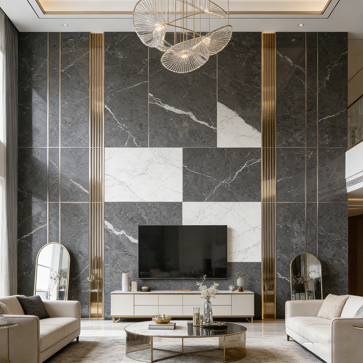 YUANDA Tiles Engineered Calacatta Black Sintered Stone Slab Wall Panel Interior