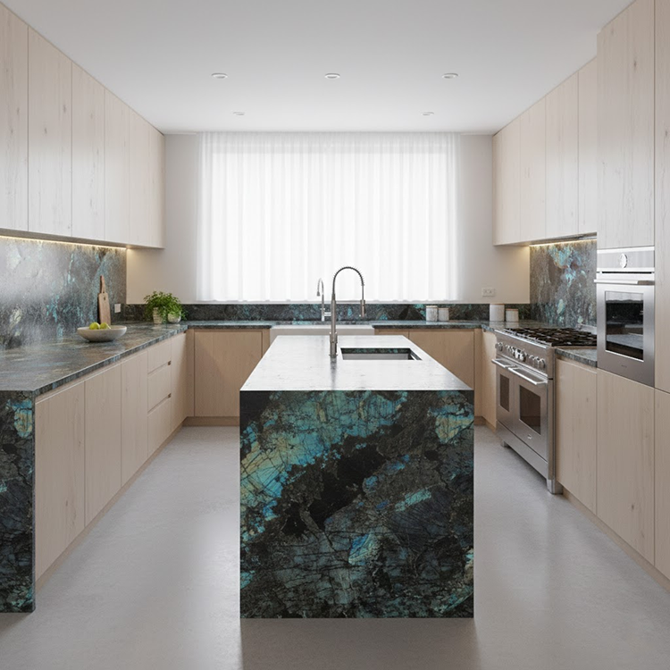Lemurian Labradorite Blue Granite installed in modern kitchen countertop — real project reference from Yuanda Stone