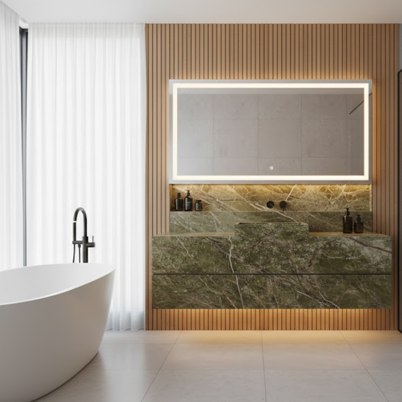 Green Rainforest Brown Marble installed in spa bathroom vanity — completed project reference