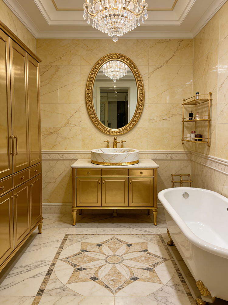 Quartz Calacatta Gold 3cm Bath — full slab view showing complete vein pattern and color distribution
