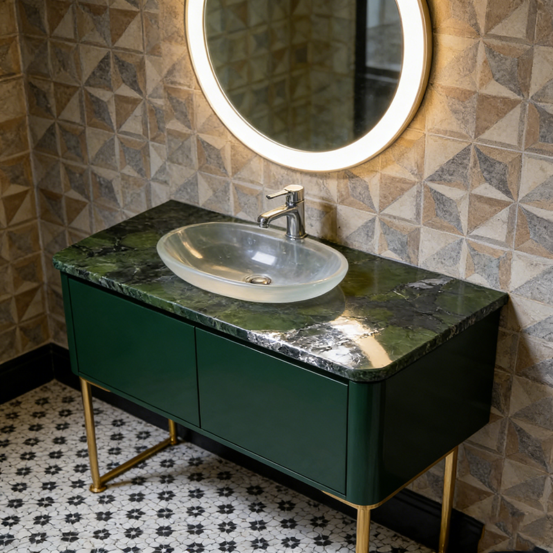 Avocado Green Sintered Stone — close-up showing polished surface texture and detail