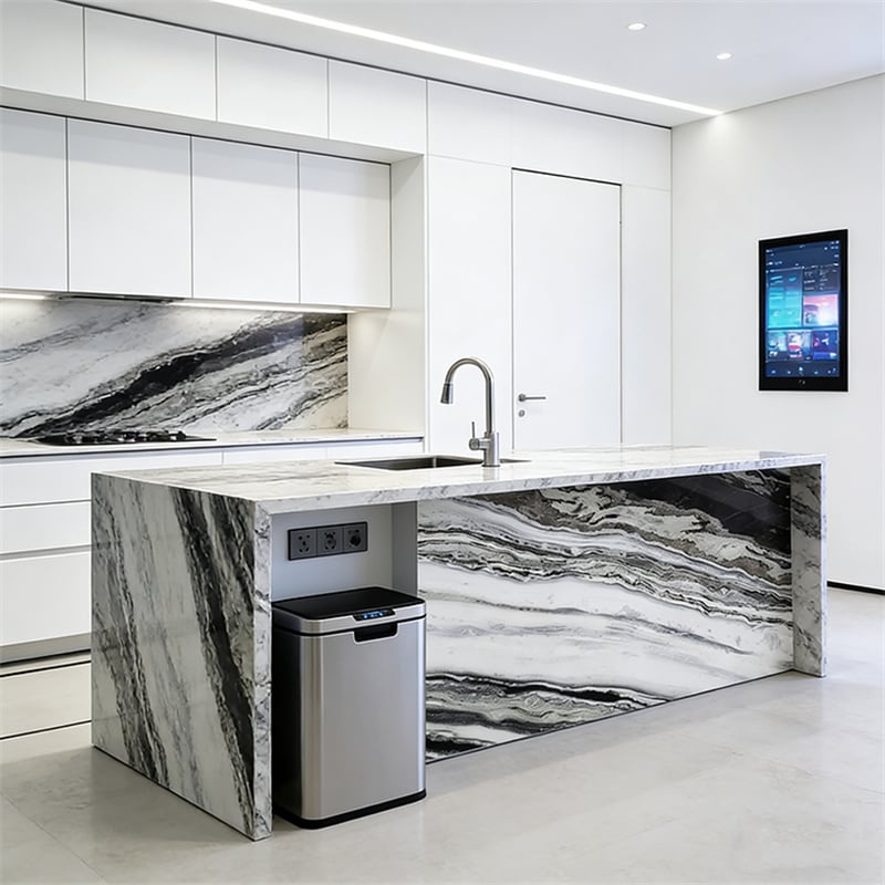 Glacier White Marble Slab installed in modern kitchen countertop — real project reference from Yuanda Stone