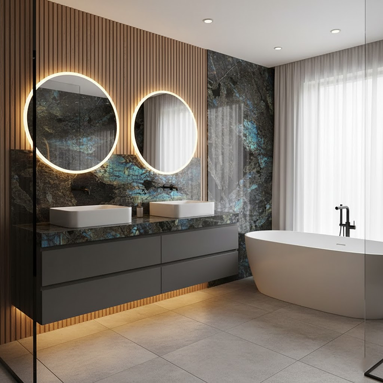YDSTONE: lastra in granito blu Lemurian Labradorite levigata, design moderno, pietra naturale per piani lavabo da bagno di ville