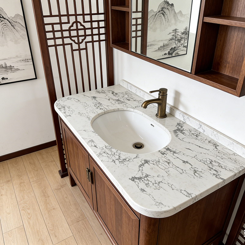 Quartz Calacatta Vanity Tops — close-up showing polished surface texture and detail