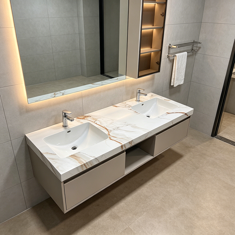 Fish Belly Gold Sintered Stone installed in spa bathroom vanity — completed project reference