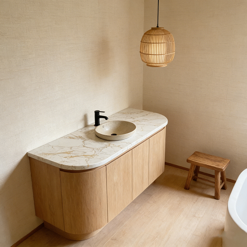 Versatile Sintered Stone Slab installed in spa bathroom vanity — completed project reference