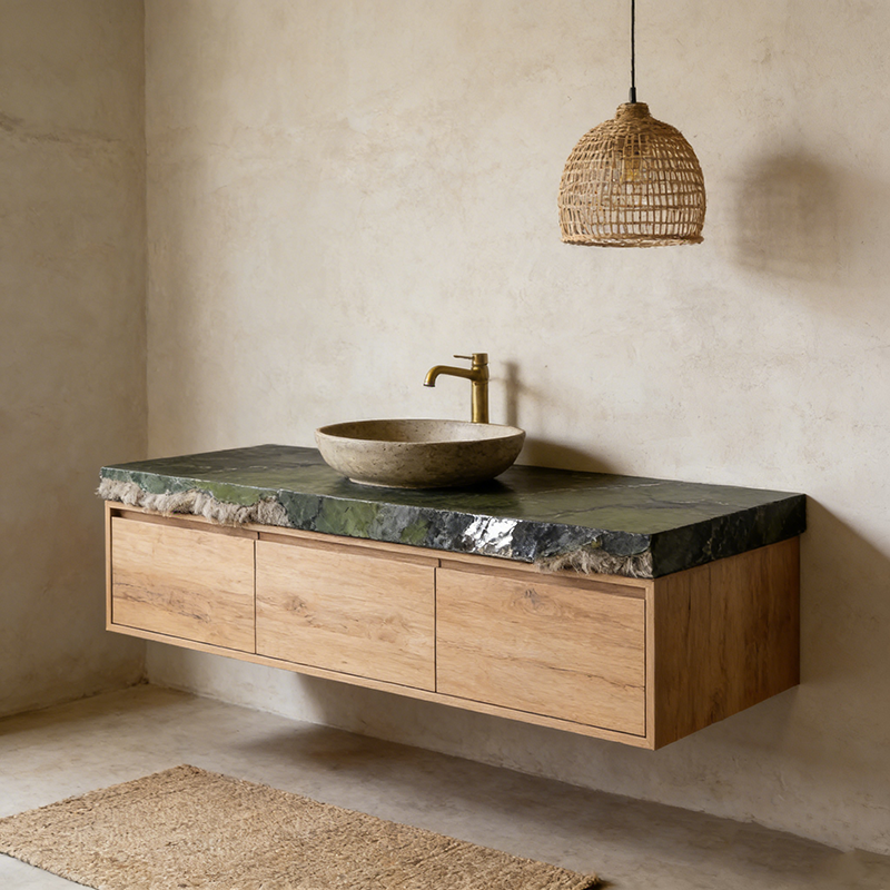 Avocado Green Sintered Stone installed in spa bathroom vanity — completed project reference
