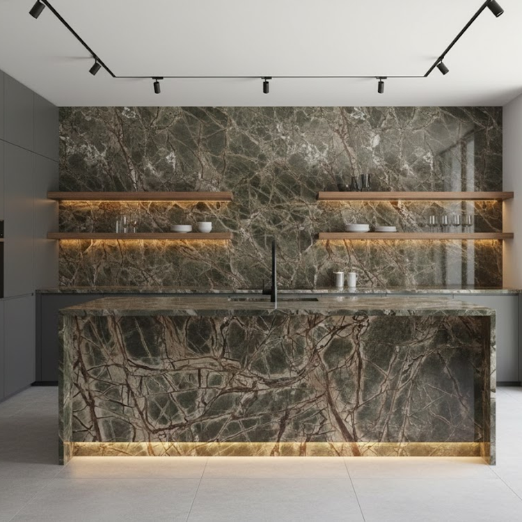 Sariwang Berdeng Rainforest na Brown na Marmol na Plaka mula sa Tagapagtustos sa Tsina, Pinakintab na Ibabaw, 1-Taong Warranty para sa Kitchen Countertop ng Villa