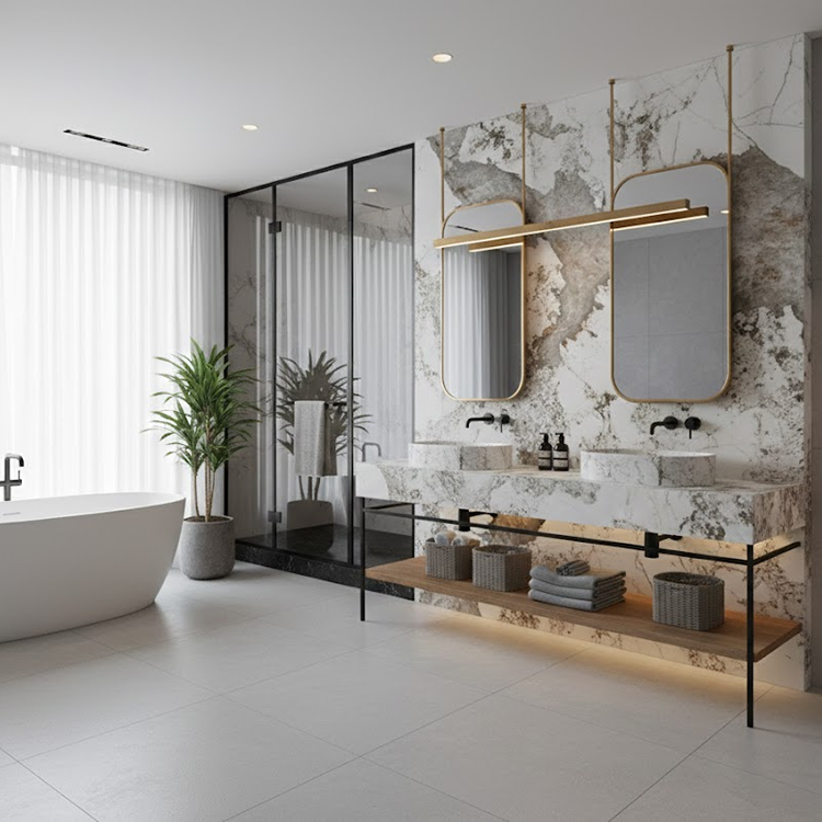 Pandora Sintered Stone installed in spa bathroom vanity — completed project reference