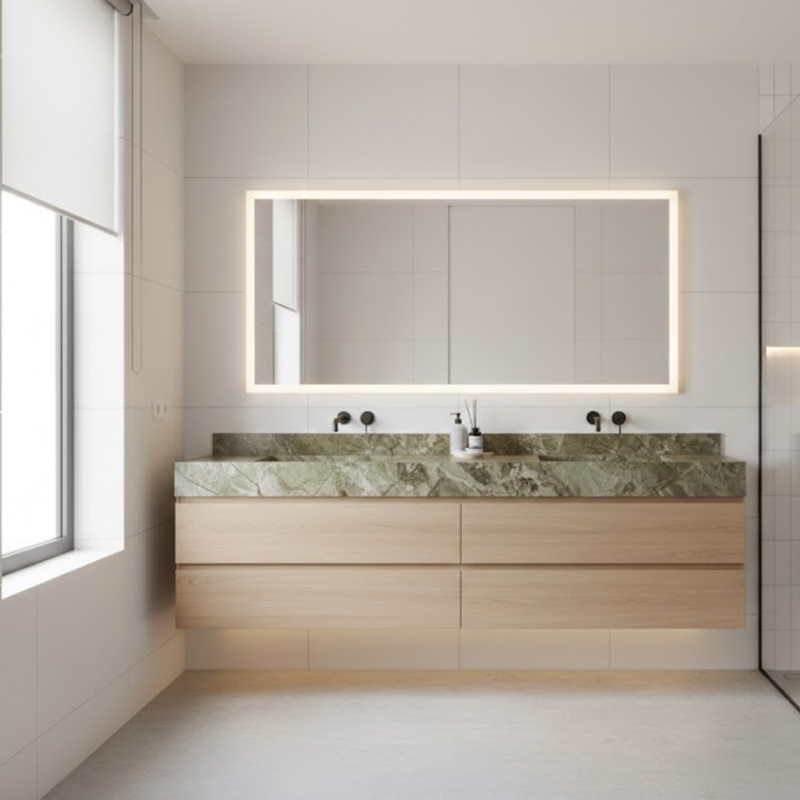 Green Rainforest Brown Marble installed in spa bathroom vanity — completed project reference