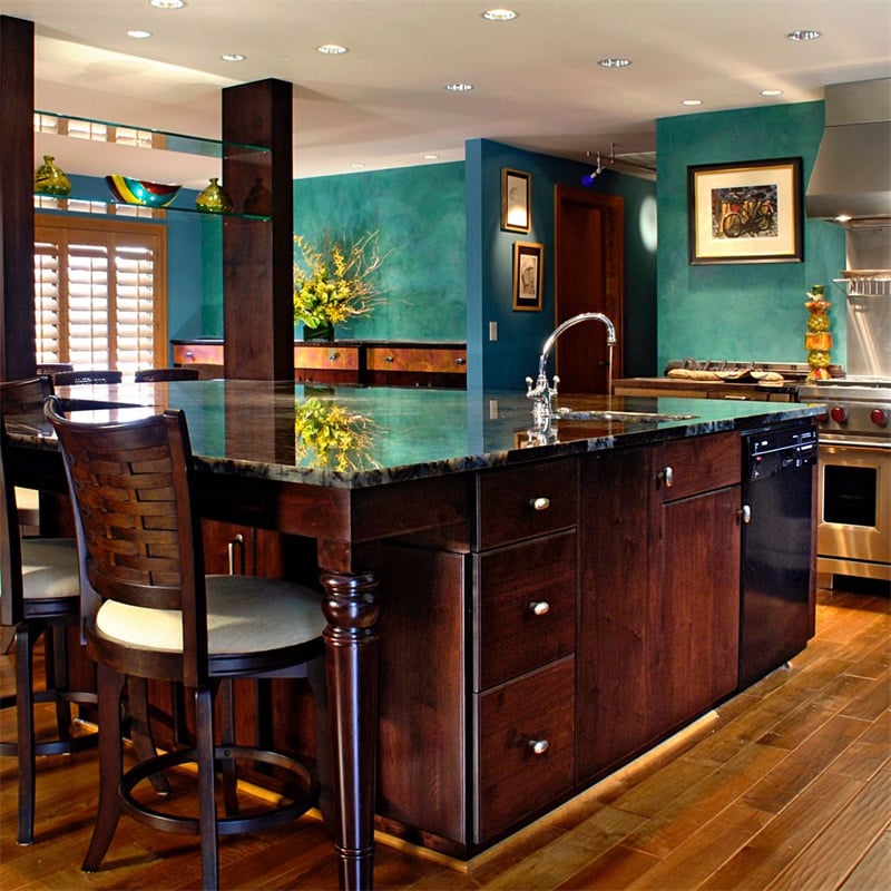 Lemurian Labradorite Blue Granite applied as kitchen countertops