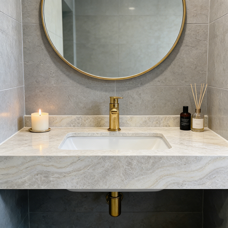 Taj Mahal White Quartzite installed in spa bathroom vanity — completed project reference