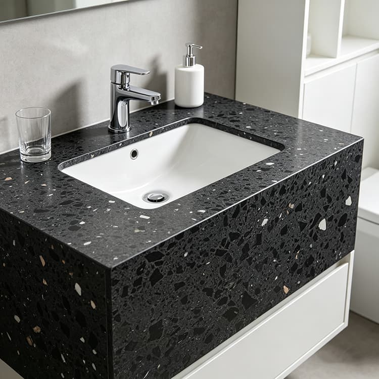 Quartz Calacatta Black Bath installed in spa bathroom vanity — completed project reference