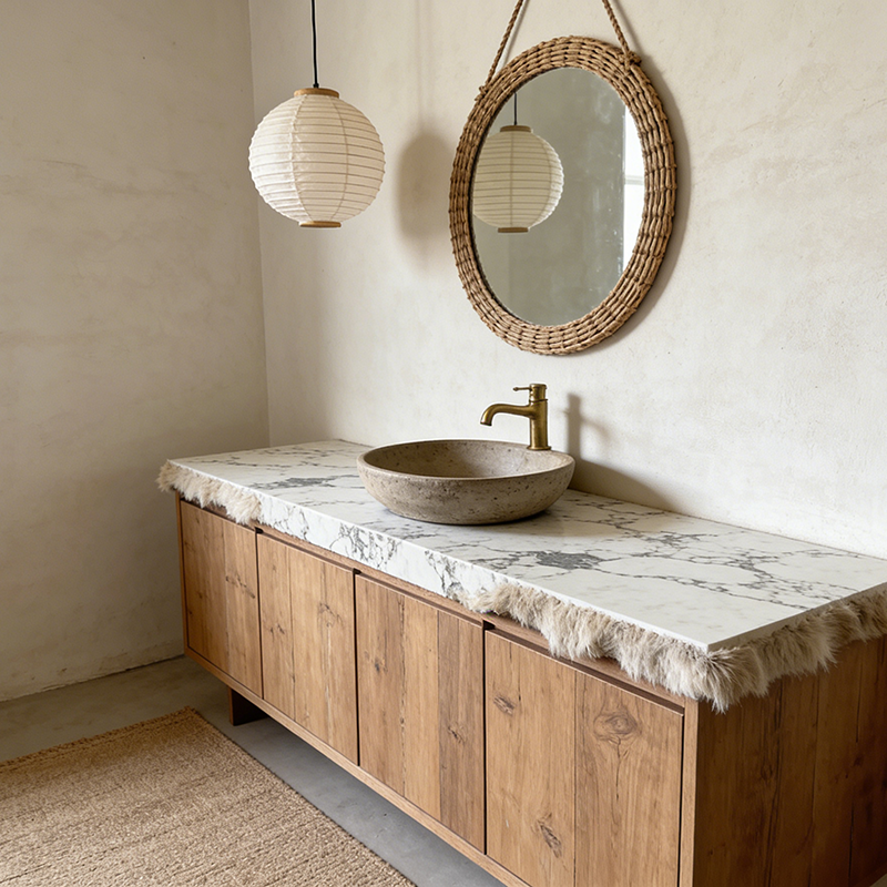 Quartz Calacatta Vanity Tops installed in spa bathroom vanity — completed project reference
