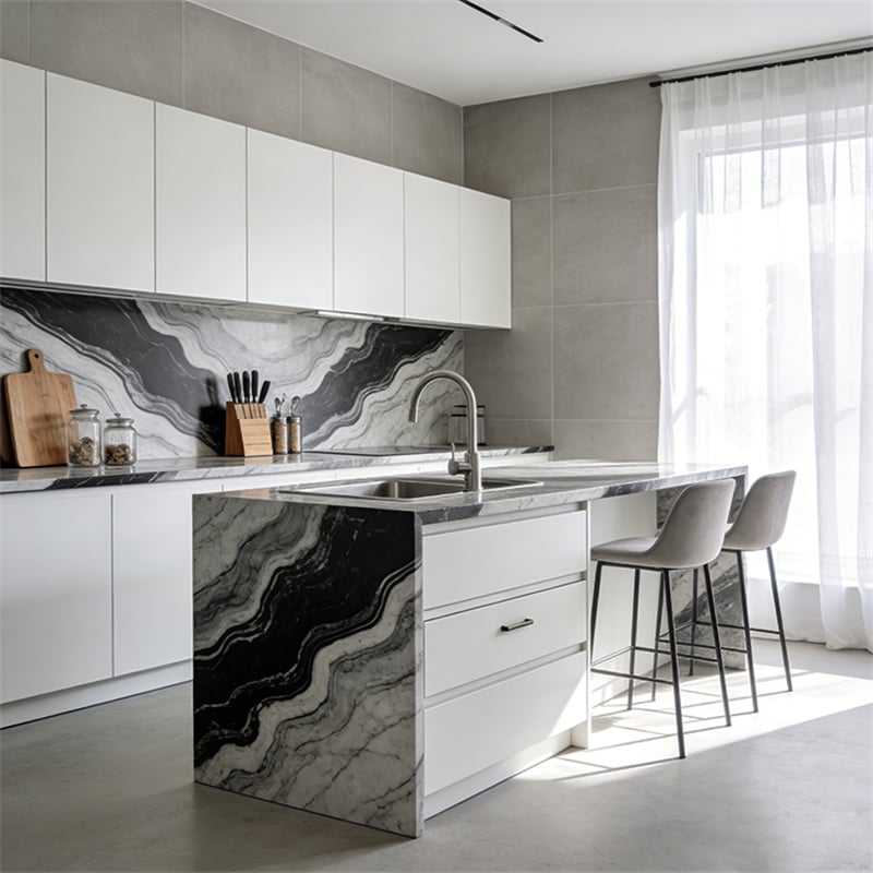 Glacier White Marble Slab installed in modern kitchen — luxury residential project