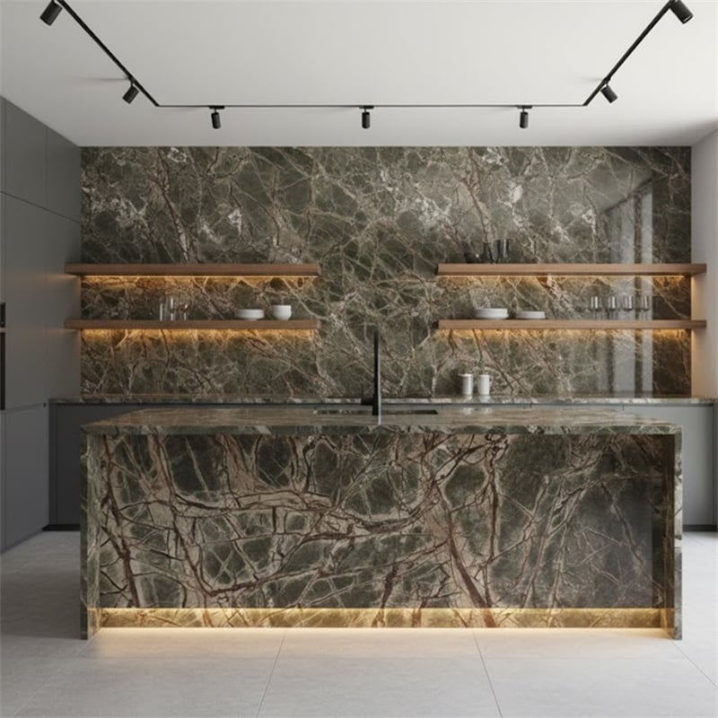 Green Rainforest Brown Marble installed in modern kitchen — luxury residential project