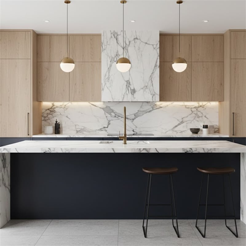 Italian Calacatta Viola Marble installed in luxury villa kitchen island — real project reference from Yuanda Stone