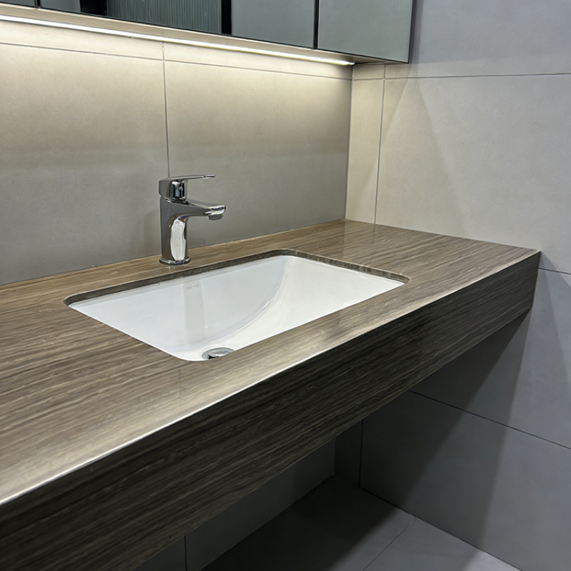 Eramosa Wood Marble installed in spa bathroom vanity — completed project reference
