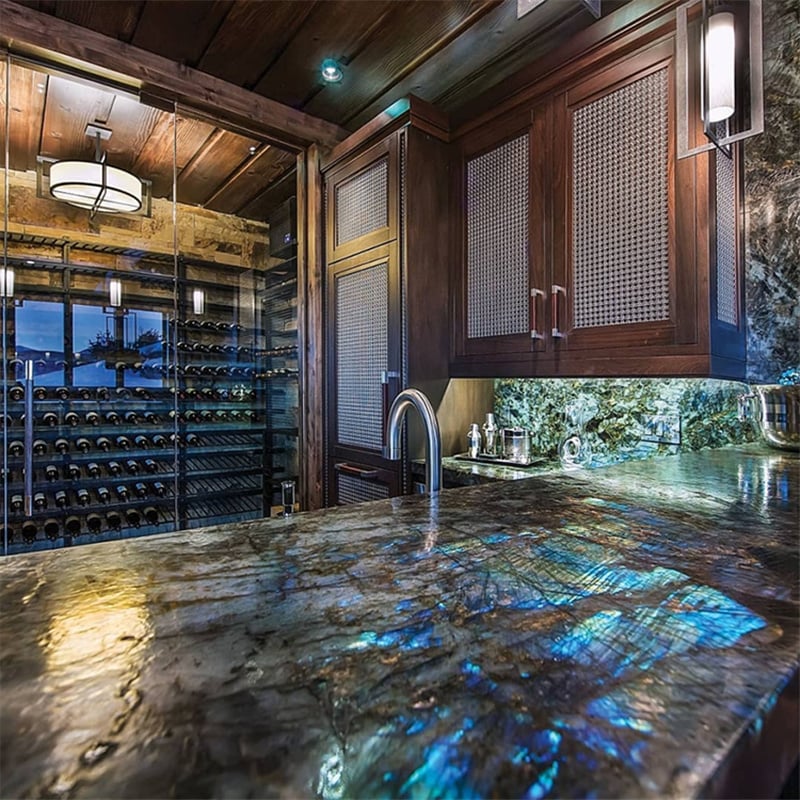 Lemurian Labradorite Blue Granite applied as kitchen backsplash