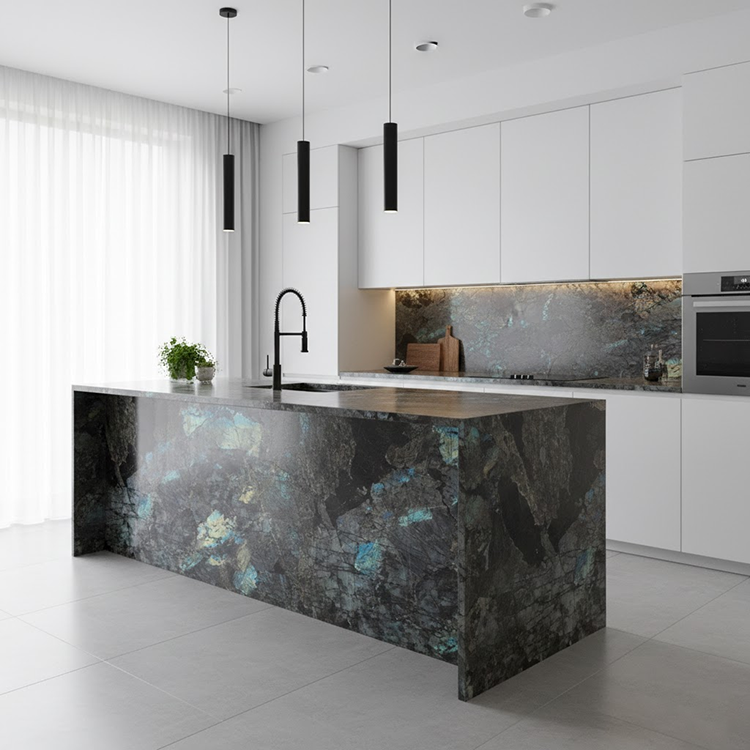 Lemurian Labradorite Blue Granite installed in luxury villa kitchen island — real project reference from Yuanda Stone