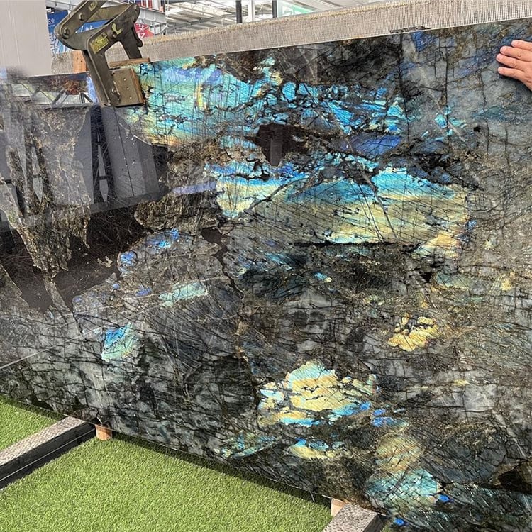 Lemurian Labradorite Blue Granite installed in restaurant bar counter — real project reference from Yuanda Stone