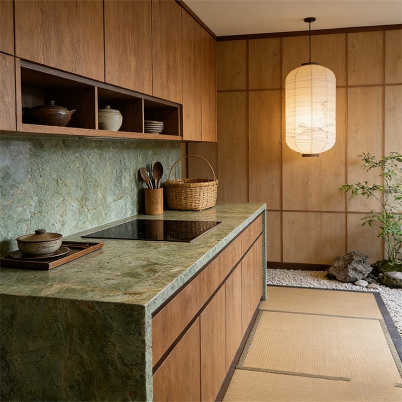 Tanzanite Green Turquoise Granite applied as outdoor kitchen countertops