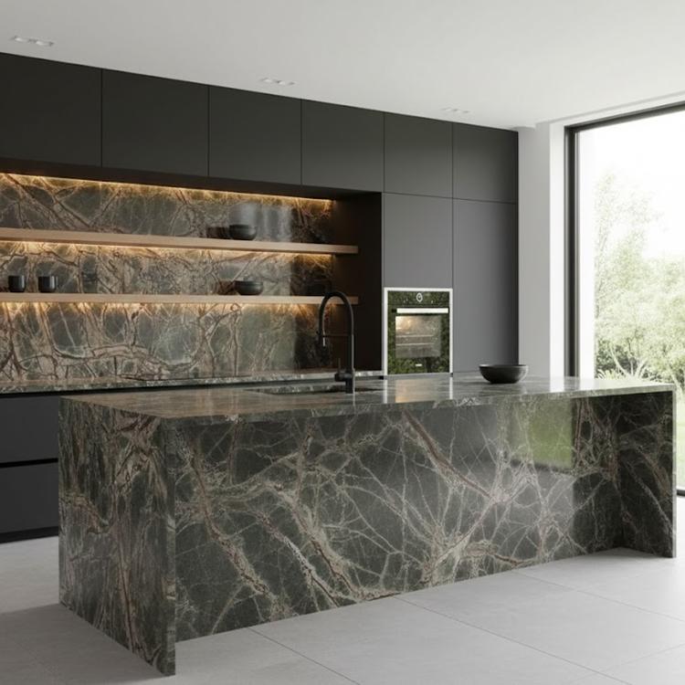 Sariwang Berdeng Rainforest na Brown na Marmol na Plaka mula sa Tagapagtustos sa Tsina, Pinakintab na Ibabaw, 1-Taong Warranty para sa Kitchen Countertop ng Villa