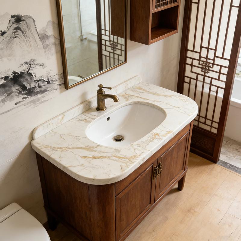 Versatile Sintered Stone Slab installed in spa bathroom vanity — completed project reference
