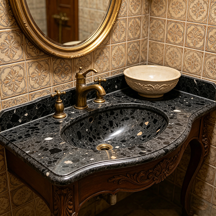 Quartz Calacatta Black Bath installed in spa bathroom vanity — completed project reference