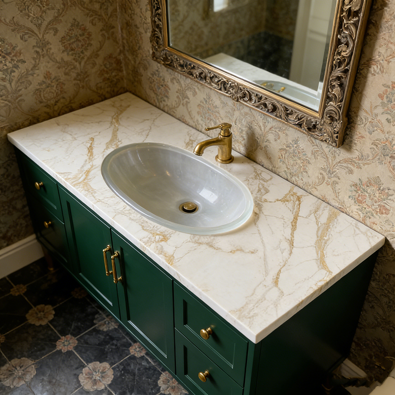 Versatile Sintered Stone Slab installed in spa bathroom vanity — completed project reference