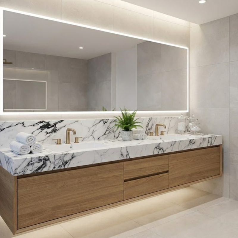 Calacatta Viola Marble installed in spa bathroom vanity — completed project reference